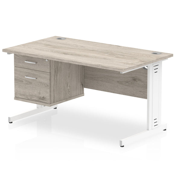 Impulse 1400 x 800mm Straight Desk Grey Oak Top White Cable Managed Leg with 1 x 2 Drawer Fixed Pedestal