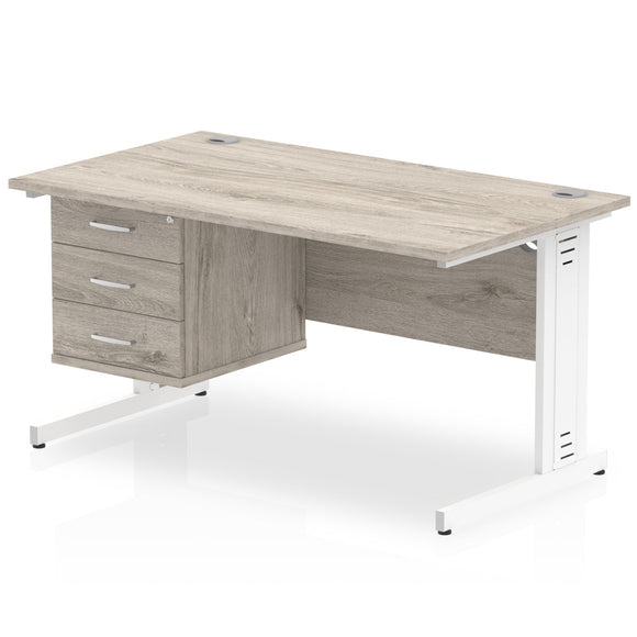 Impulse 1400 x 800mm Straight Desk Grey Oak Top White Cable Managed Leg with 1 x 3 Drawer Fixed Pedestal