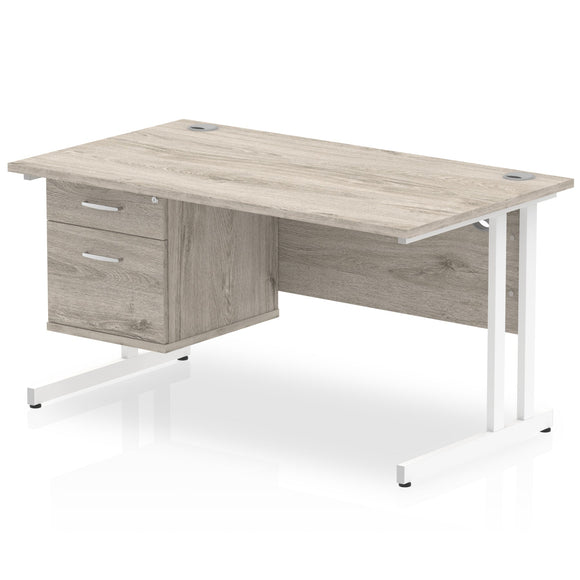 Impulse 1400 x 800mm Straight Desk Grey Oak Top White Cantilever Leg with 1 x 2 Drawer Fixed Pedestal