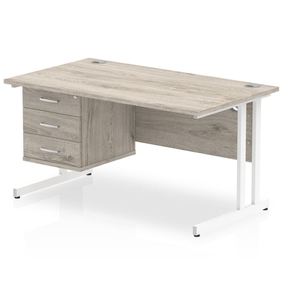 Impulse 1400 x 800mm Straight Desk Grey Oak Top White Cantilever Leg with 1 x 3 Drawer Fixed Pedestal