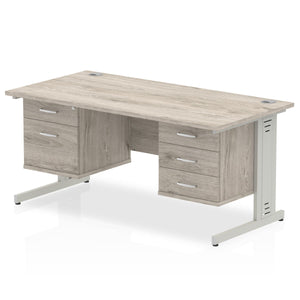 Impulse 1600 x 800mm Straight Desk Grey Oak Top Silver Cable Managed Leg 1 x 2 Drawer 1 x 3 Drawer Fixed Pedestal