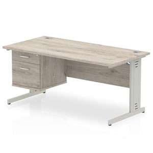 Impulse 1600 x 800mm Straight Desk Grey Oak Top Silver Cable Managed Leg 1 x 2 Drawer Fixed Pedestal