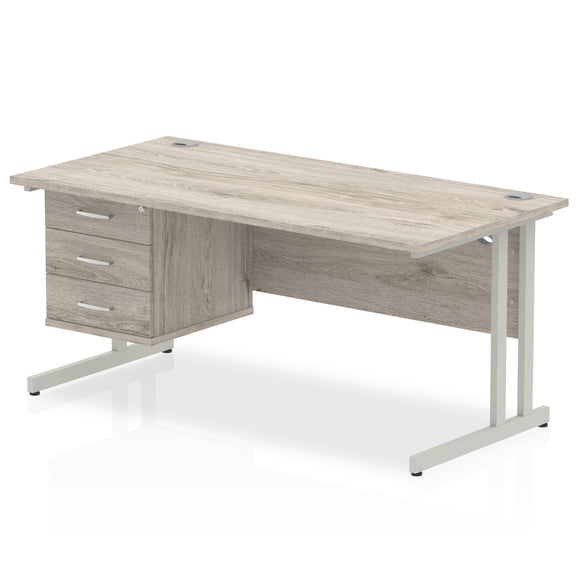 Impulse 1600 x 800mm Straight Desk Grey Oak Top Silver Cantilever Leg 1 x 3 Drawer Fixed Pedestal