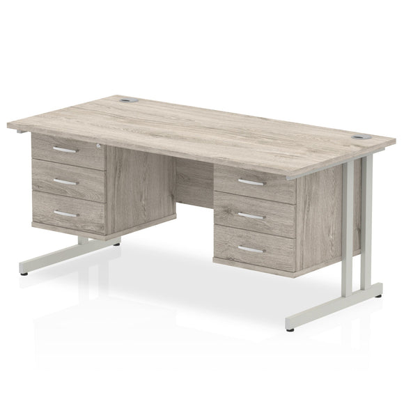 Impulse 1600 x 800mm Straight Desk Grey Oak Top Silver Cantilever Leg 2 x 3 Drawer Fixed Pedestal