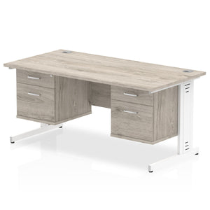 Impulse 1600 x 800mm Straight Desk Grey Oak Top White Cable Managed Leg 2 x 2 Drawer Fixed Pedestal