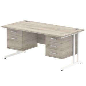 Impulse 1600 x 800mm Straight Desk Grey Oak Top White Cantilever Leg 1 x 2 Drawer 1 x 3 Drawer Fixed Pedestal