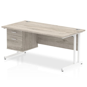 Impulse 1600 x 800mm Straight Desk Grey Oak Top White Cantilever Leg 1 x 2 Drawer Fixed Pedestal