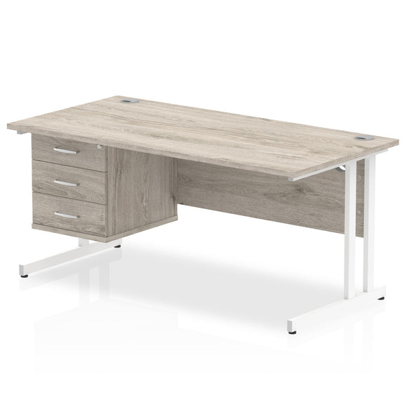 Impulse 1600 x 800mm Straight Desk Grey Oak Top White Cantilever Leg 1 x 3 Drawer Fixed Pedestal