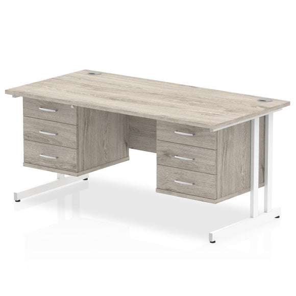 Impulse 1600 x 800mm Straight Desk Grey Oak Top White Cantilever Leg 2 x 3 Drawer Fixed Pedestal