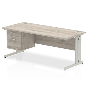 Impulse 1800 x 800mm Straight Desk Grey Oak Top Silver Cable Managed Leg 1 x 2 Drawer Fixed Pedestal