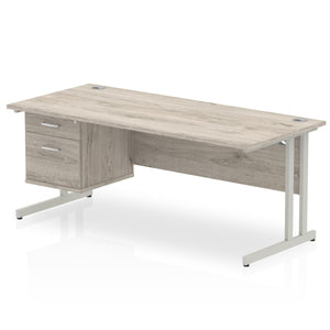 Impulse 1800 x 800mm Straight Desk Grey Oak Top Silver Cantilever Leg 1 x 2 Drawer Fixed Pedestal