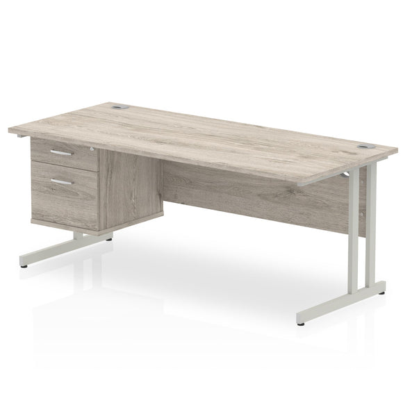 Impulse 1800 x 800mm Straight Desk Grey Oak Top Silver Cantilever Leg 1 x 2 Drawer Fixed Pedestal