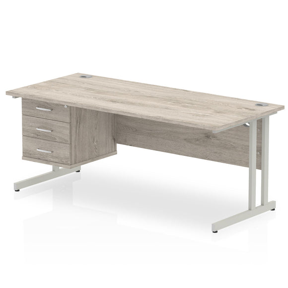 Impulse 1800 x 800mm Straight Desk Grey Oak Top Silver Cantilever Leg 1 x 3 Drawer Fixed Pedestal