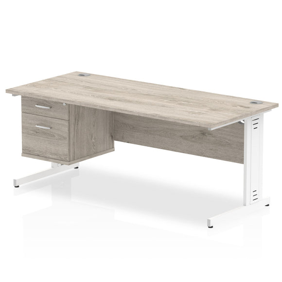 Impulse 1800 x 800mm Straight Desk Grey Oak Top White Cable Managed Leg 1 x 2 Drawer Fixed Pedestal