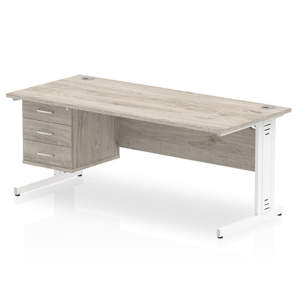 Impulse 1800 x 800mm Straight Desk Grey Oak Top White Cable Managed Leg 1 x 3 Drawer Fixed Pedestal