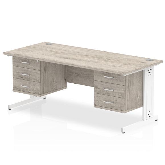 Impulse 1800 x 800mm Straight Desk Grey Oak Top White Cable Managed Leg 2 x 3 Drawer Fixed Pedestal