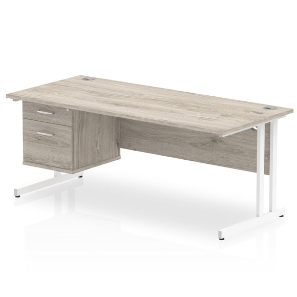 Impulse 1800 x 800mm Straight Desk Grey Oak Top White Cantilever Leg 1 x 2 Drawer Fixed Pedestal