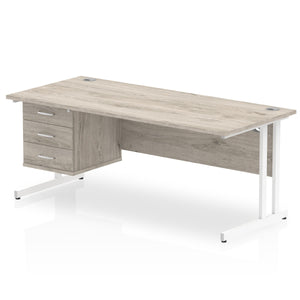 Impulse 1800 x 800mm Straight Desk Grey Oak Top White Cantilever Leg 1 x 3 Drawer Fixed Pedestal