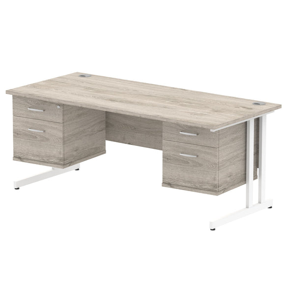 Impulse 1800 x 800mm Straight Desk Grey Oak Top White Cantilever Leg 2 x 2 Drawer Fixed Pedestal