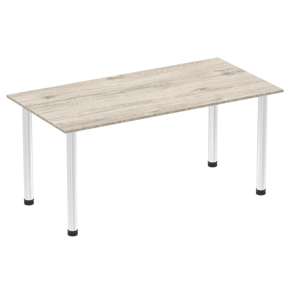 Impulse 1600mm Straight Table Grey Oak Top Chrome Post Leg