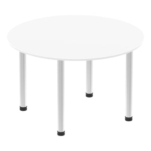 Impulse 1000mm Round Table White Top Brushed Aluminium Post Leg