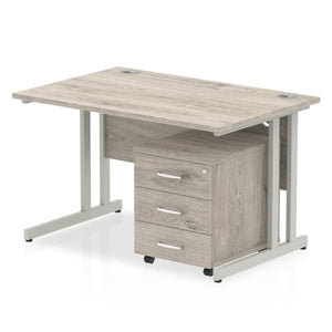 Impulse 1200 x 800mm Straight Desk Grey Oak Top White Cantilever Leg with 3 Drawer Mobile Pedestal Bundle