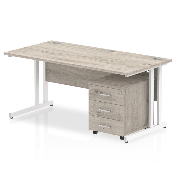 Impulse 1600 x 800mm Straight Desk Grey Oak Top White Cantilever Leg with 3 Drawer Mobile Pedestal