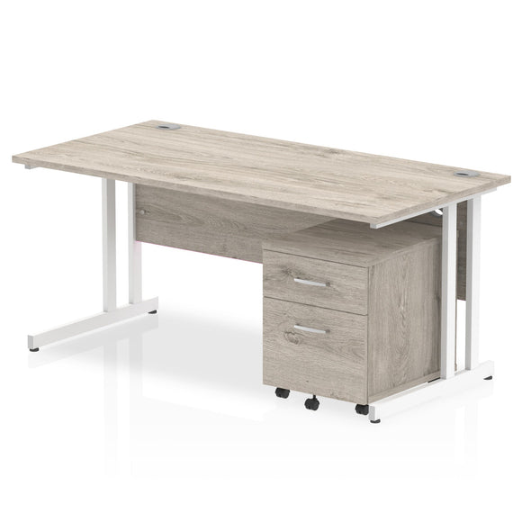 Impulse 1600 x 800mm Straight Desk Grey Oak Top White Cantilever Leg with 2 Drawer Mobile Pedestal