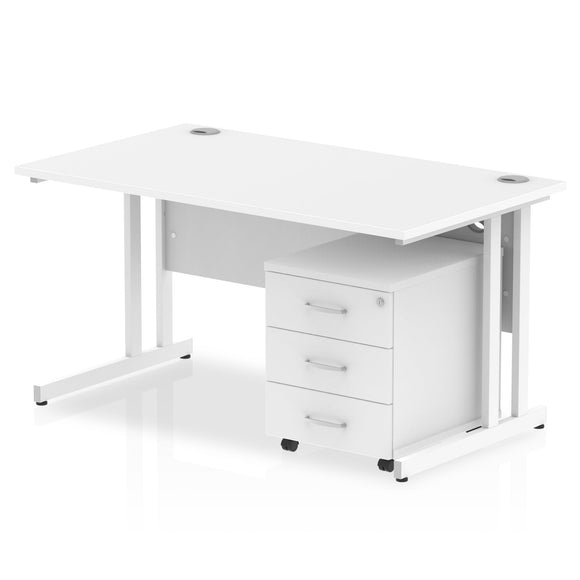 Impulse 1400 x 800mm Straight Desk White Top White Cantilever Leg with 3 Drawer Mobile Pedestal Bundle