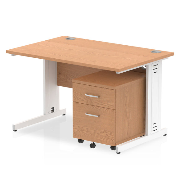 Impulse 1200 x 800mm Straight Desk Oak Top White Cable Managed Leg with 2 Drawer Mobile Pedestal Bundle