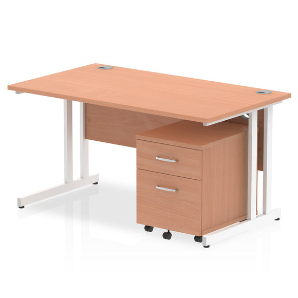 Impulse 1400 x 800mm Straight Desk Beech Top White Cantilever Leg with 2 Drawer Mobile Pedestal Bundle