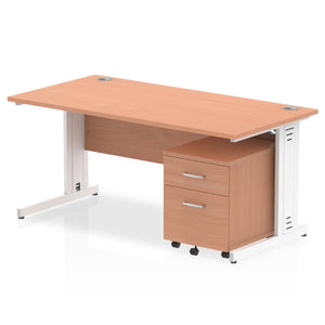 Impulse 1600 x 800mm Straight Desk Beech Top White Cable Managed Leg with 2 Drawer Mobile Pedestal