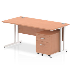 Impulse 1600 x 800mm Straight Desk Beech Top White Cantilever Leg with 2 Drawer Mobile Pedestal