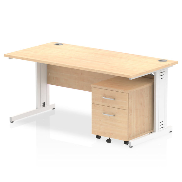 Impulse 1600 x 800mm Straight Desk Maple Top White Cable Managed Leg with 2 Drawer Mobile Pedestal