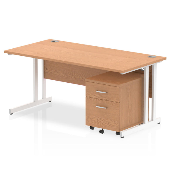 Impulse 1600 x 800mm Straight Desk Oak Top White Cantilever Leg with 2 Drawer Mobile Pedestal