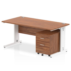 Impulse 1600 x 800mm Straight Desk Walnut Top White Cable Managed Leg with 2 Drawer Mobile Pedestal