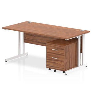 Impulse 1600 x 800mm Straight Desk Walnut Top White Cantilever Leg with 2 Drawer Mobile Pedestal