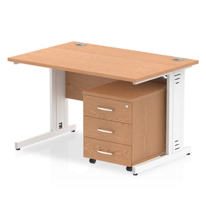 Impulse 1200 x 800mm Straight Desk Oak Top White Cable Managed Leg with 3 Drawer Mobile Pedestal Bundle