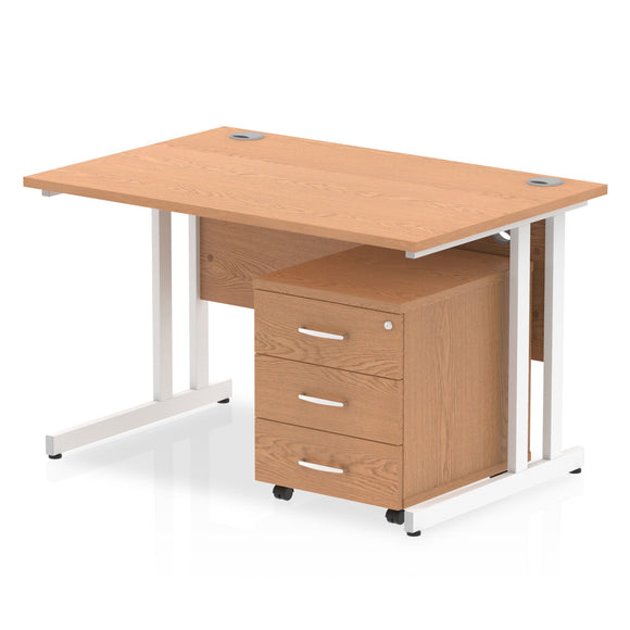 Impulse 1200 x 800mm Straight Desk Oak Top White Cantilever Leg with 3 Drawer Mobile Pedestal Bundle