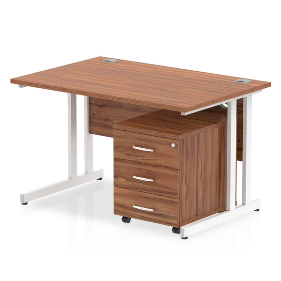 Impulse 1200 x 800mm Straight Desk Walnut Top White Cantilever Leg with 3 Drawer Mobile Pedestal Bundle