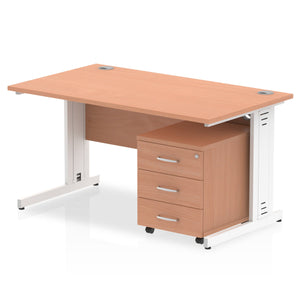 Impulse 1400 x 800mm Straight Desk Beech Top White Cable Managed Leg with 3 Drawer Mobile Pedestal Bundle