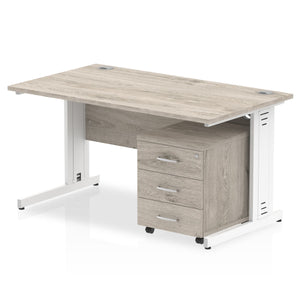 Impulse 1400 x 800mm Straight Desk Grey Oak Top White Cable Managed Leg with 3 Drawer Mobile Pedestal Bundle