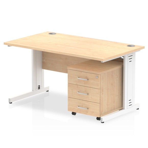 Impulse 1400 x 800mm Straight Desk Maple Top White Cable Managed Leg with 3 Drawer Mobile Pedestal Bundle