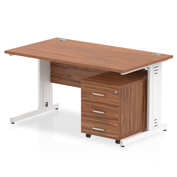 Impulse 1400 x 800mm Straight Desk Walnut Top White Cable Managed Leg with 3 Drawer Mobile Pedestal Bundle