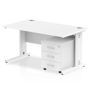 Impulse 1400 x 800mm Straight Desk White Top White Cable Managed Leg with 3 Drawer Mobile Pedestal Bundle