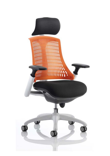 Flex Task Operator Chair Black Frame With Black Fabric Seat Orange Back With Arms With Headrest