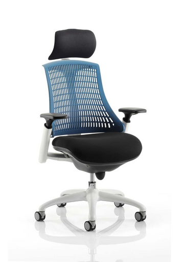 Flex Task Operator Chair White Frame Black Fabric Seat With Blue Back With Arms With Headrest