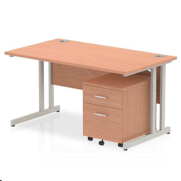 Impulse 1400 x 800mm Straight Desk Oak Top White Cantilever Leg with 3 Drawer Mobile Pedestal Bundle