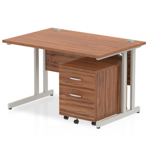 Impulse 1200 x 800mm Straight Desk Walnut Top Silver Cantilever Leg with 2 Drawer Mobile Pedestal Bundle