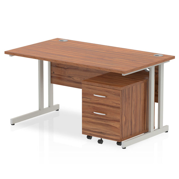 Impulse 1400 x 800mm Straight Desk Walnut Top Silver Cantilever Leg with 2 Drawer Mobile Pedestal Bundle